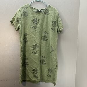 Freeport Studio SZ L Green Floral 100% Linen Shift Dress Short Sleeve Minimalist